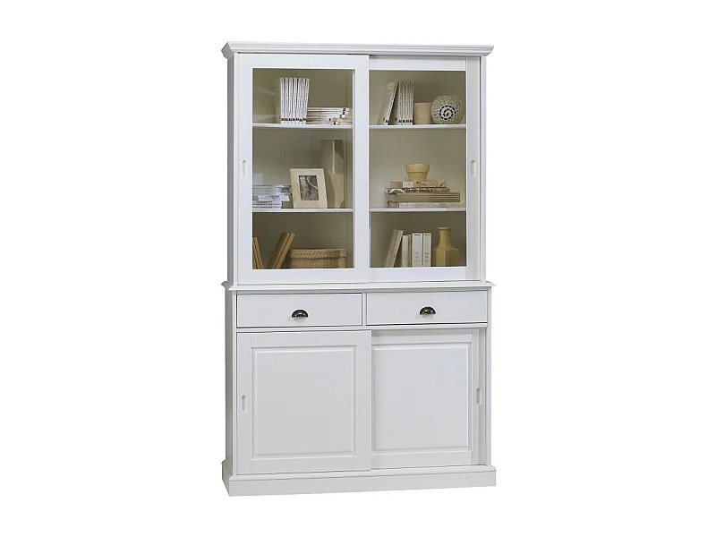 Vaisselier Blanc 4 Portes Coulissantes 2 Tiroirs 5 Niches L 121 H 198.8 P 42.3 cm
