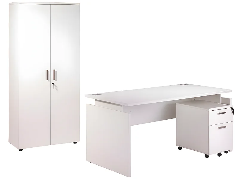 Pack Bureau 160 + Caisson 2 Tiroirs + Armoire Blanc INEO