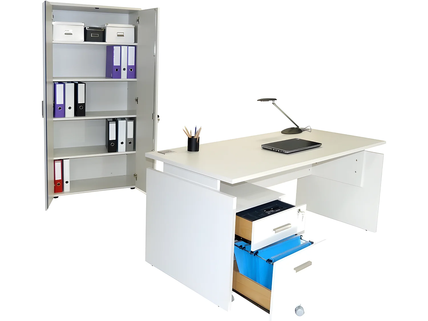 Pack Bureau 160 + Caisson 2 Tiroirs + Armoire Blanc INEO