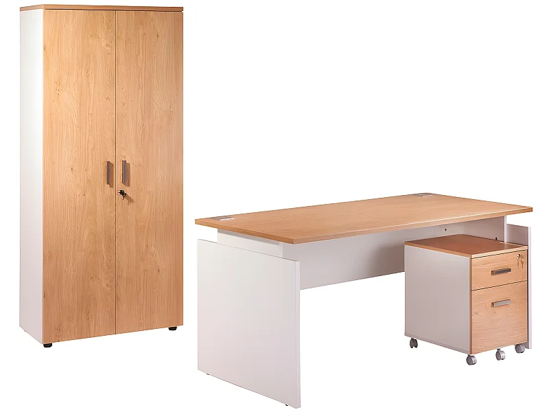 Pack Bureau 160 Caisson Armoire Blanc Chêne