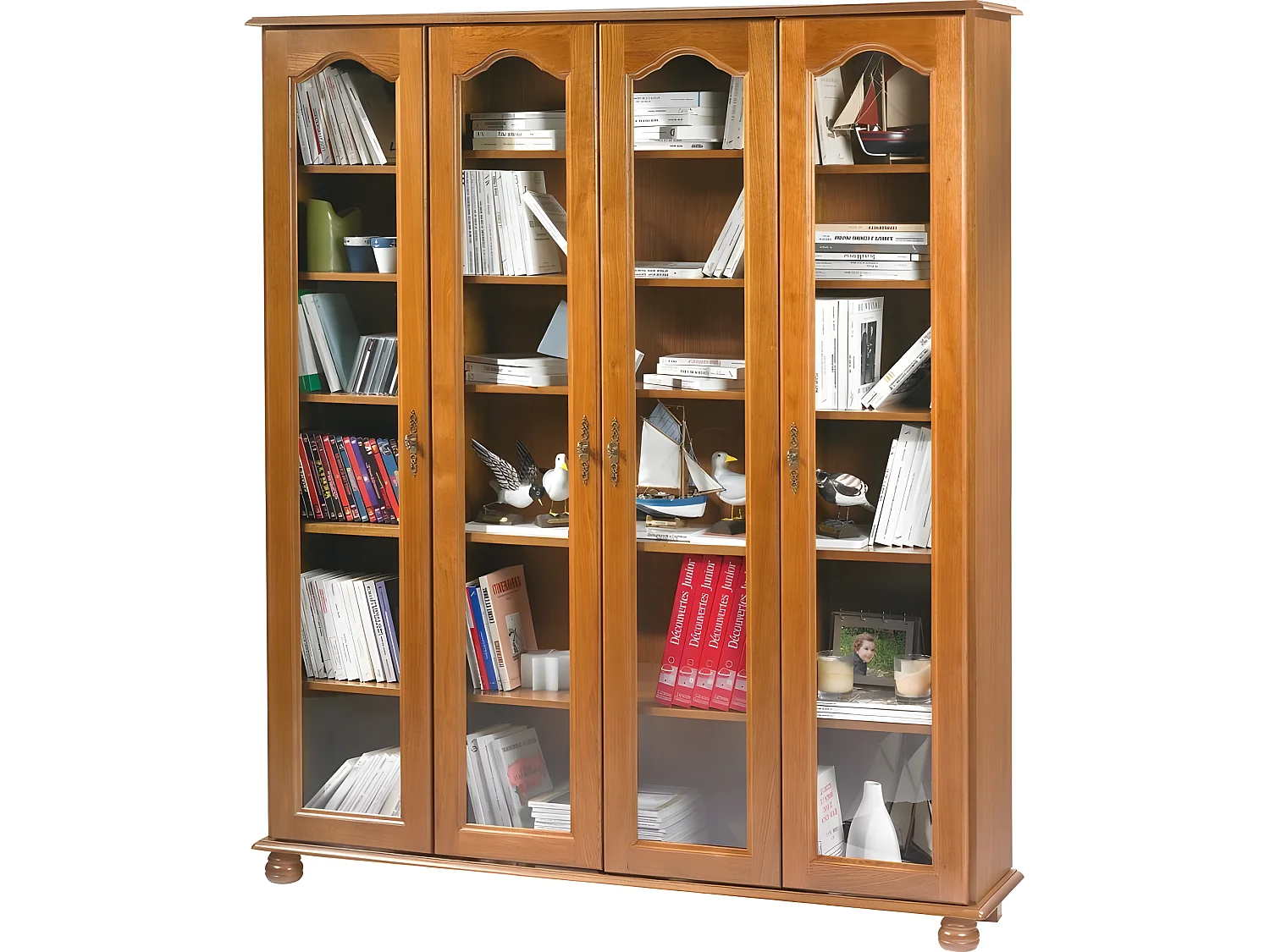 Bibliothèque Chêne 4 Portes Vitrées 18 Niches L 158.8 H 182.2 P 33 cm