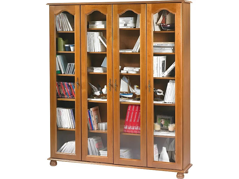 Bibliothèque Chêne 4 Portes Vitrées 18 Niches L 158.8 H 182.2 P 33 cm