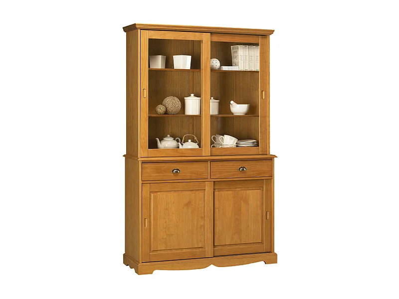 Vaisselier Pin Miel 4 Portes Coulissantes 2 Tiroirs L 121 H 198.8 P 42.3 cm