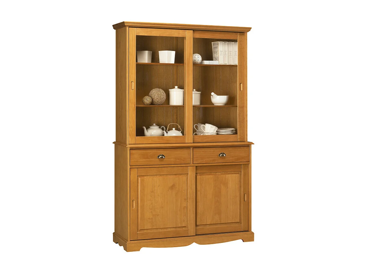Vaisselier Pin Miel 4 Portes Coulissantes 2 Tiroirs L 121 H 198.8 P 42.3 cm