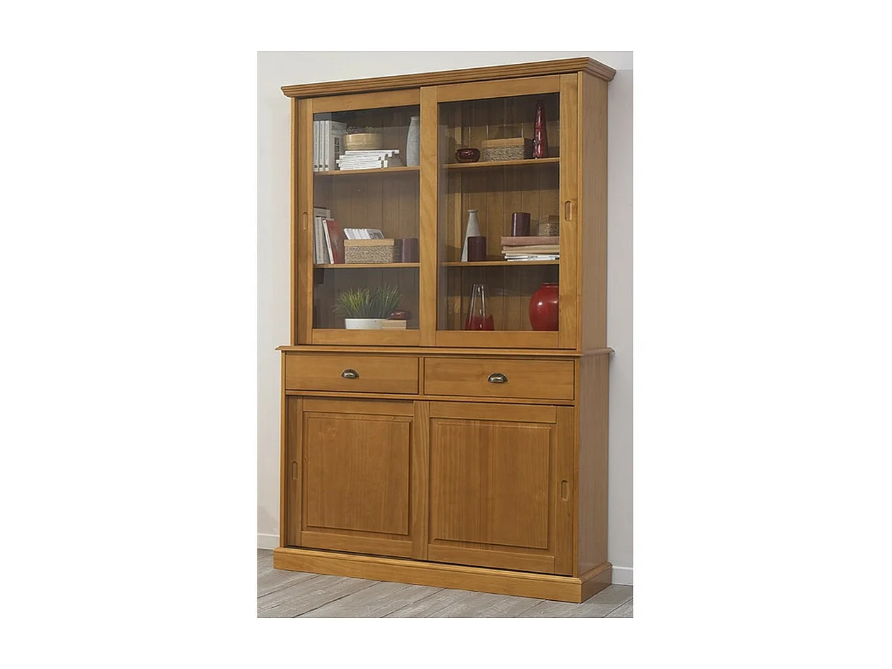 Vaisselier Pin Miel 4 Portes Coulissantes 2 Tiroirs L 121 H 198.8 P 42.3 cm