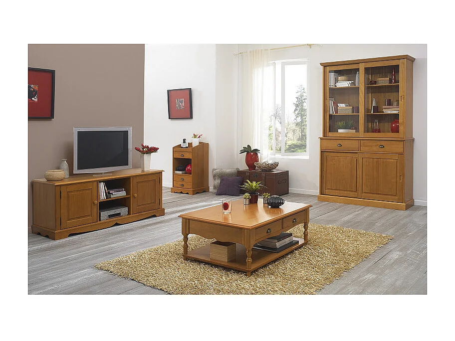 Vaisselier Pin Miel 4 Portes Coulissantes 2 Tiroirs L 121 H 198.8 P 42.3 cm