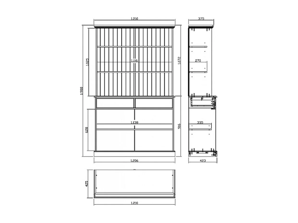 Vaisselier Pin Miel 4 Portes Coulissantes 2 Tiroirs L 121 H 198.8 P 42.3 cm