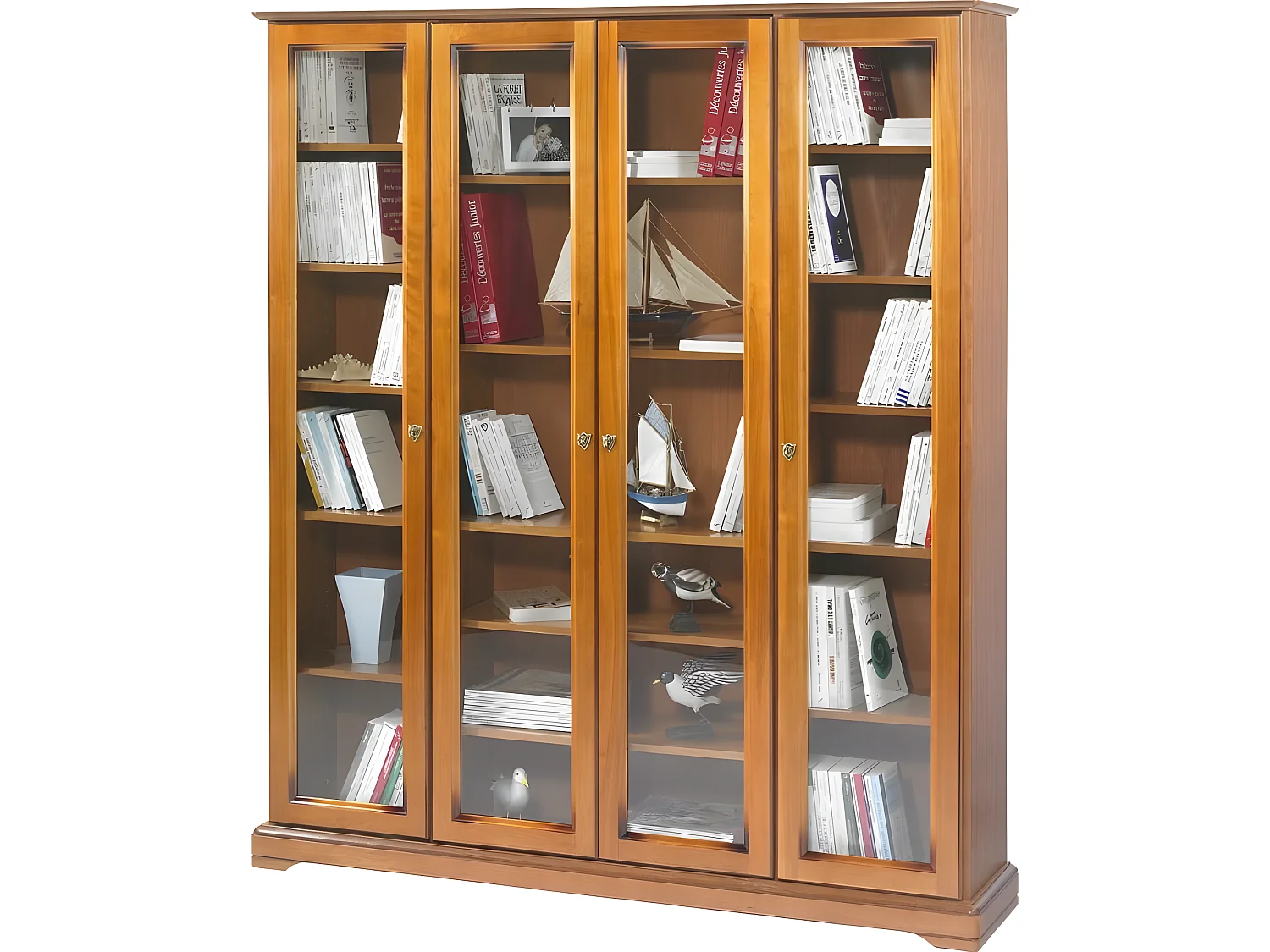 Bibliothèque 4 Portes Vitrées Merisier 18 Niches L 158.8 H 182.2 P 33 cm