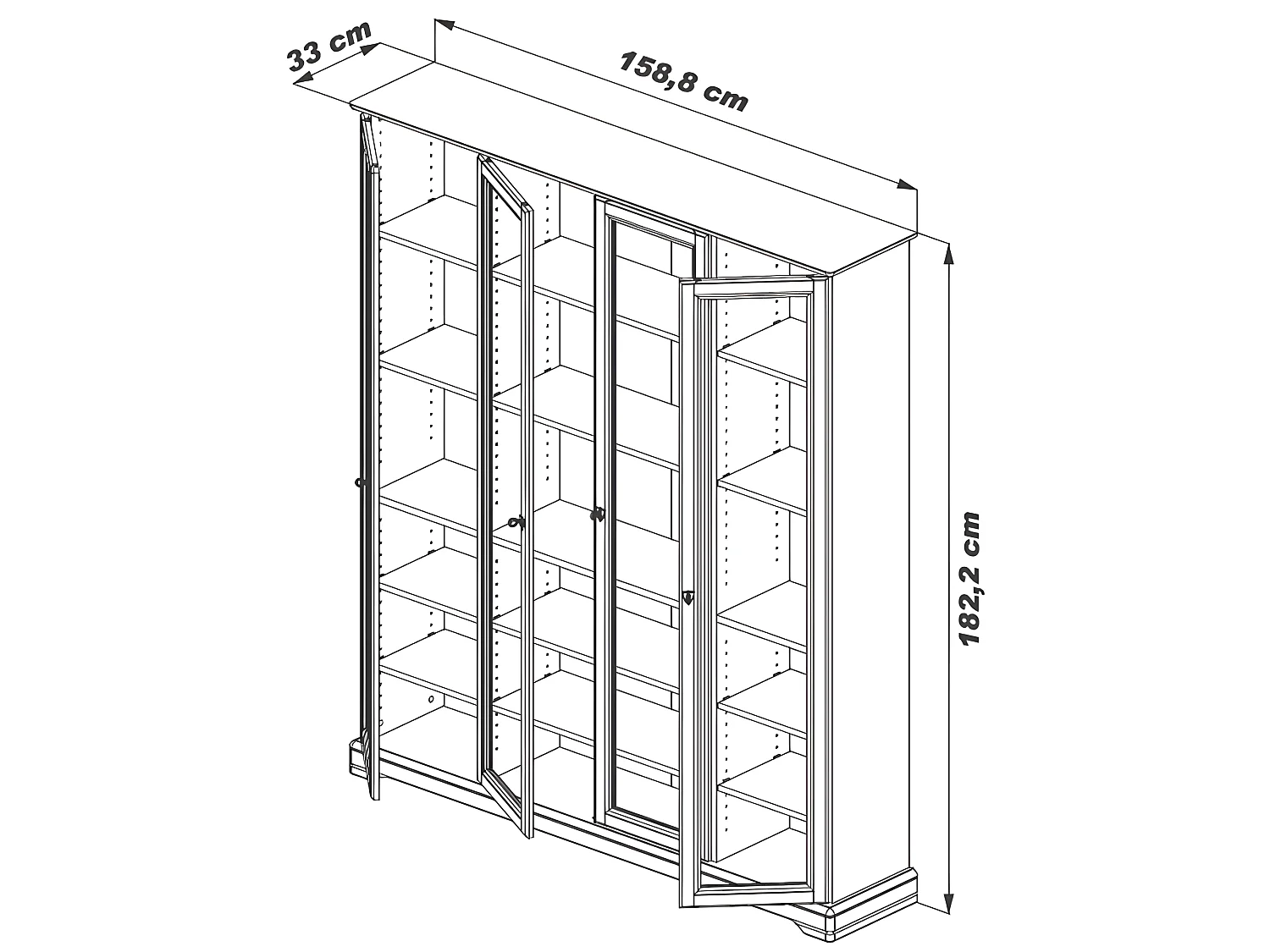 Bibliothèque 4 Portes Vitrées Merisier 18 Niches L 158.8 H 182.2 P 33 cm