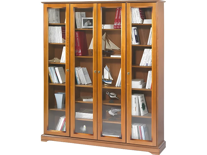 Bibliothèque 4 Portes Vitrées Merisier 18 Niches L 158.8 H 182.2 P 33 cm
