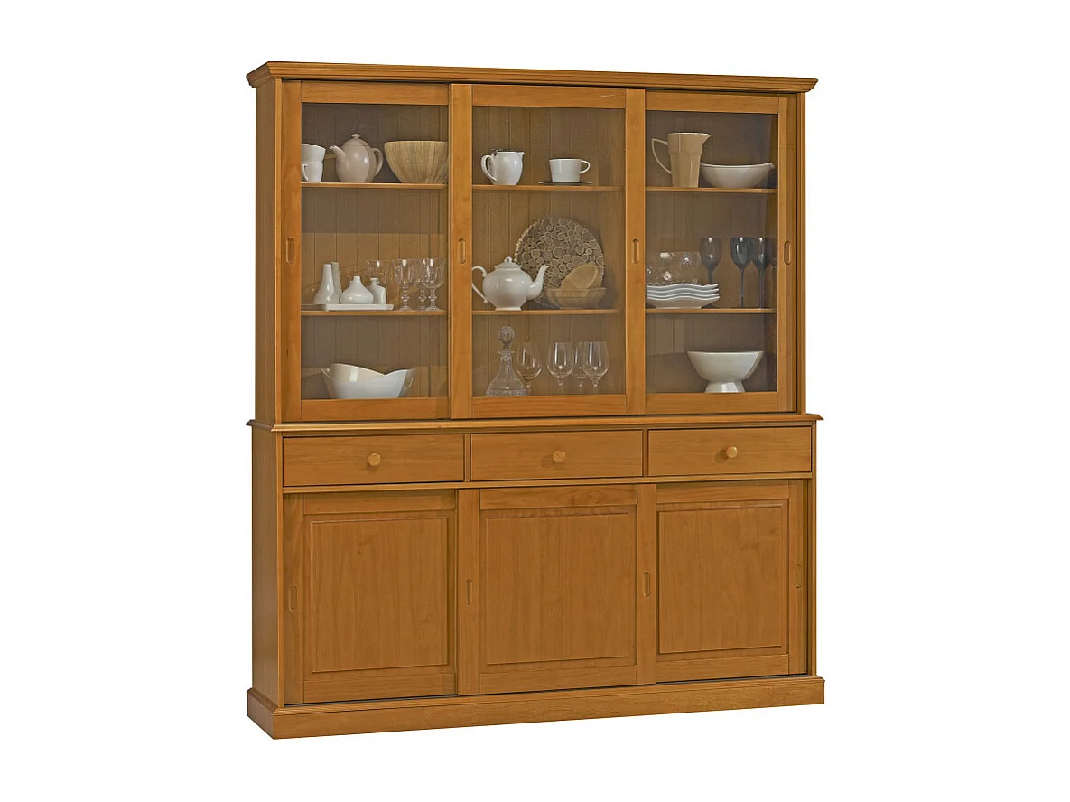 Vaisselier Pin Miel 6 Portes Coulissantes 3 T 10 Niches L 178.6 H 199 P 42.3 cm