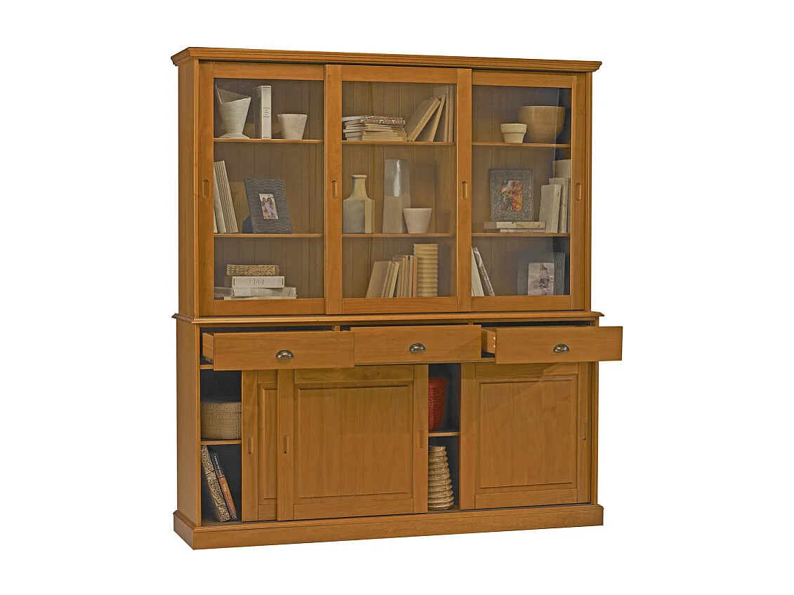 Vaisselier Pin Miel 6 Portes Coulissantes 3 T 10 Niches L 178.6 H 199 P 42.3 cm