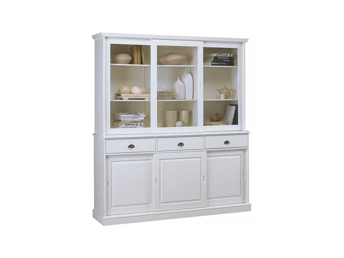 Vaisselier Blanc 6 Portes Coulissantes 3 Tiroirs 6 Tablettes L 178.6 H 199 P 42.3 cm