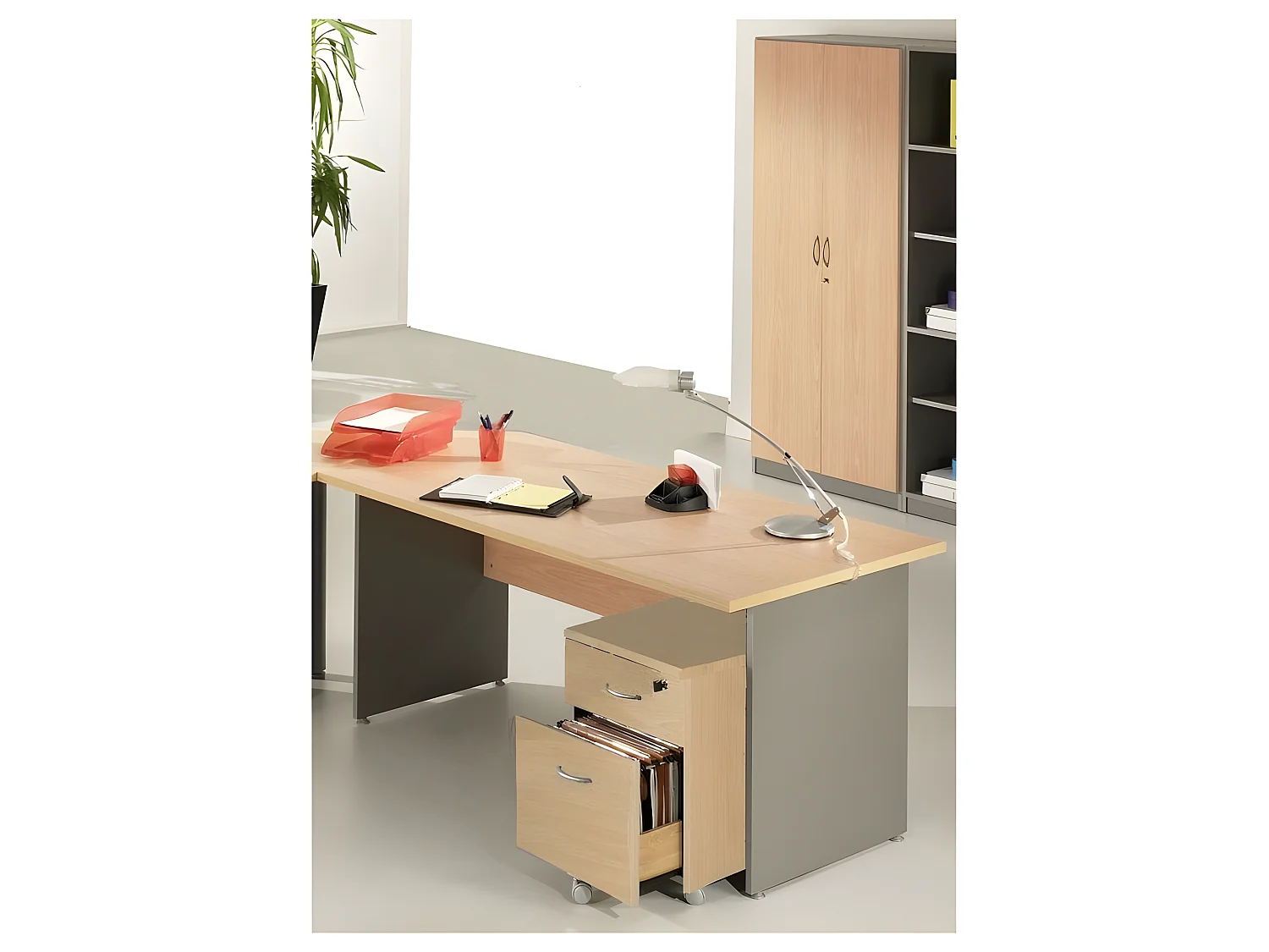 Bureau 160 + Caisson + Armoire Hêtre Alu