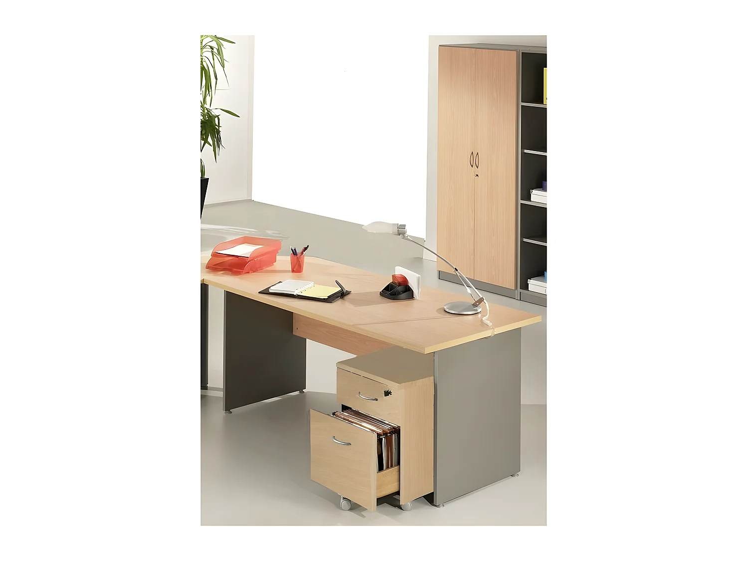 Bureau 160 + Caisson + Armoire Hêtre Alu