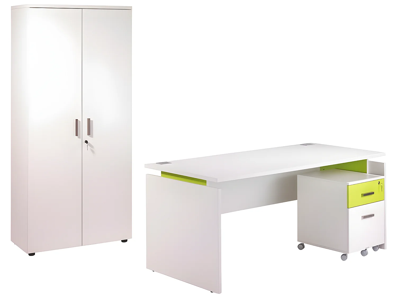 Pack Bureau 160 + Caisson 2 Tiroirs + Armoire Blanc Anis INEO