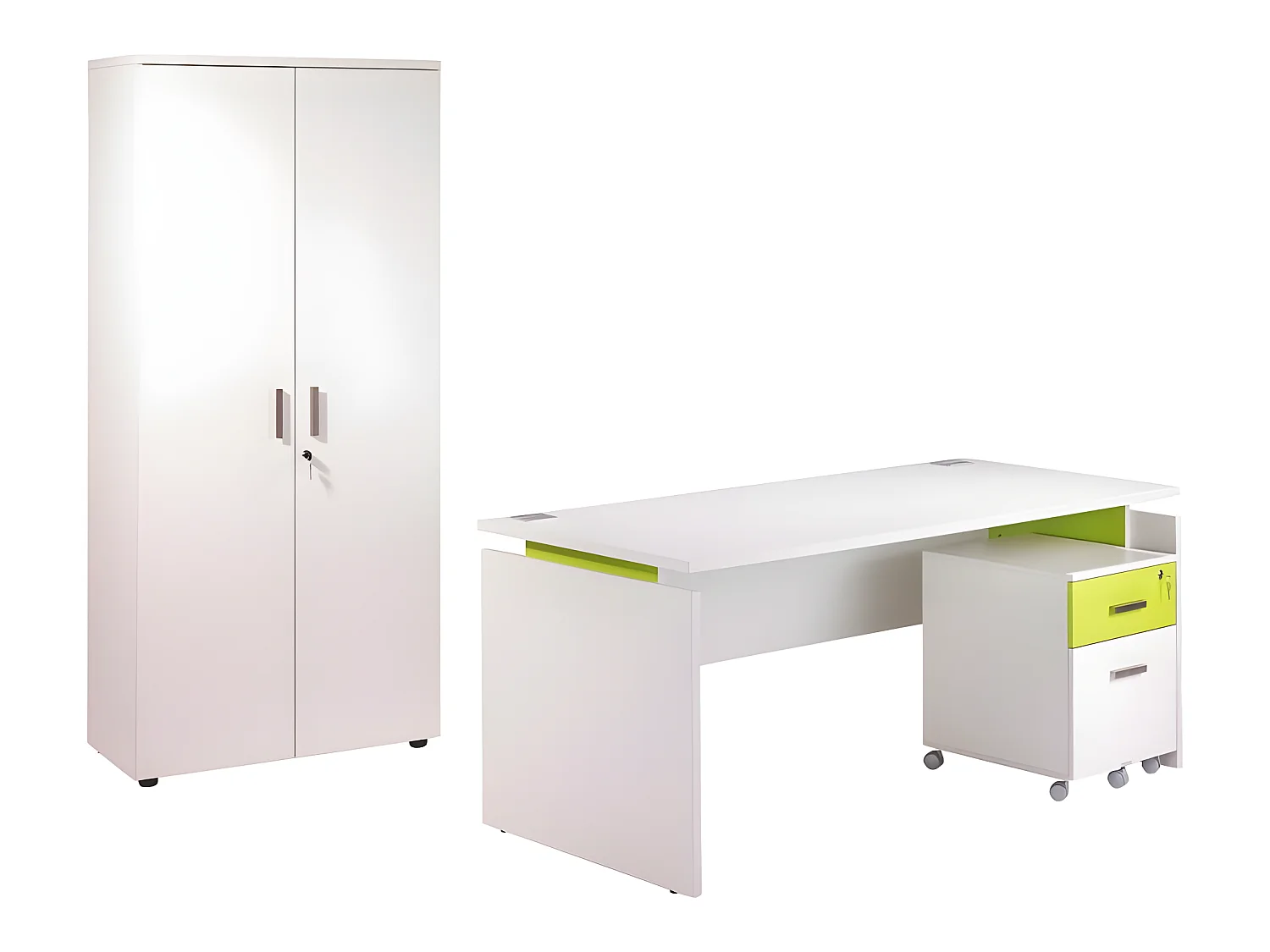 Pack Bureau 160 + Caisson 2 Tiroirs + Armoire Blanc Anis INEO
