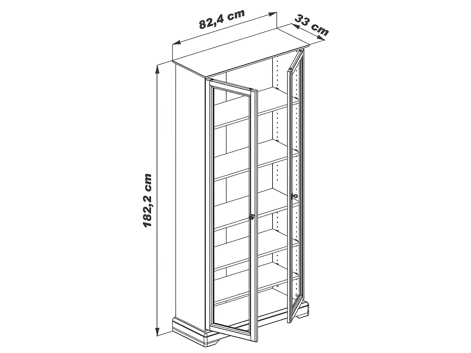 Bibliothèque 2 Portes Vitrées Merisier 5 Tablettes L 82.4 H 182.2 P 33 cm