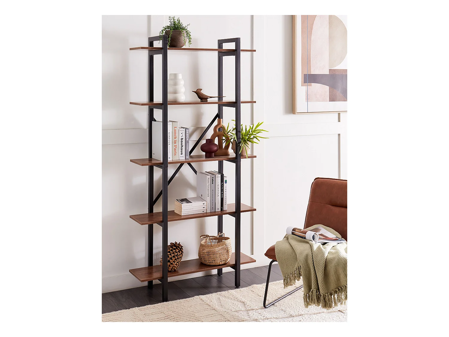 Regal mit Metallgestell schwarz / braun 5 Fächer 180x90x30 cm Industriell Darby