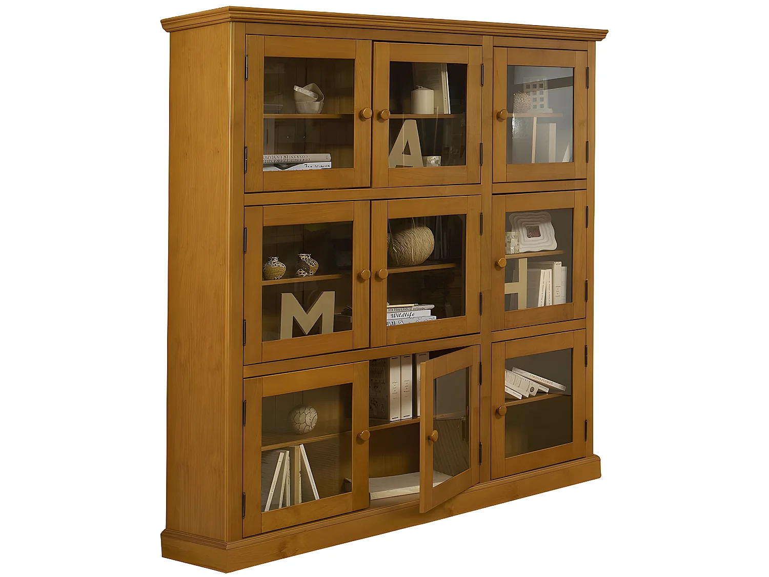 Bibliothèque 9 Portes Vitrées Pin Miel