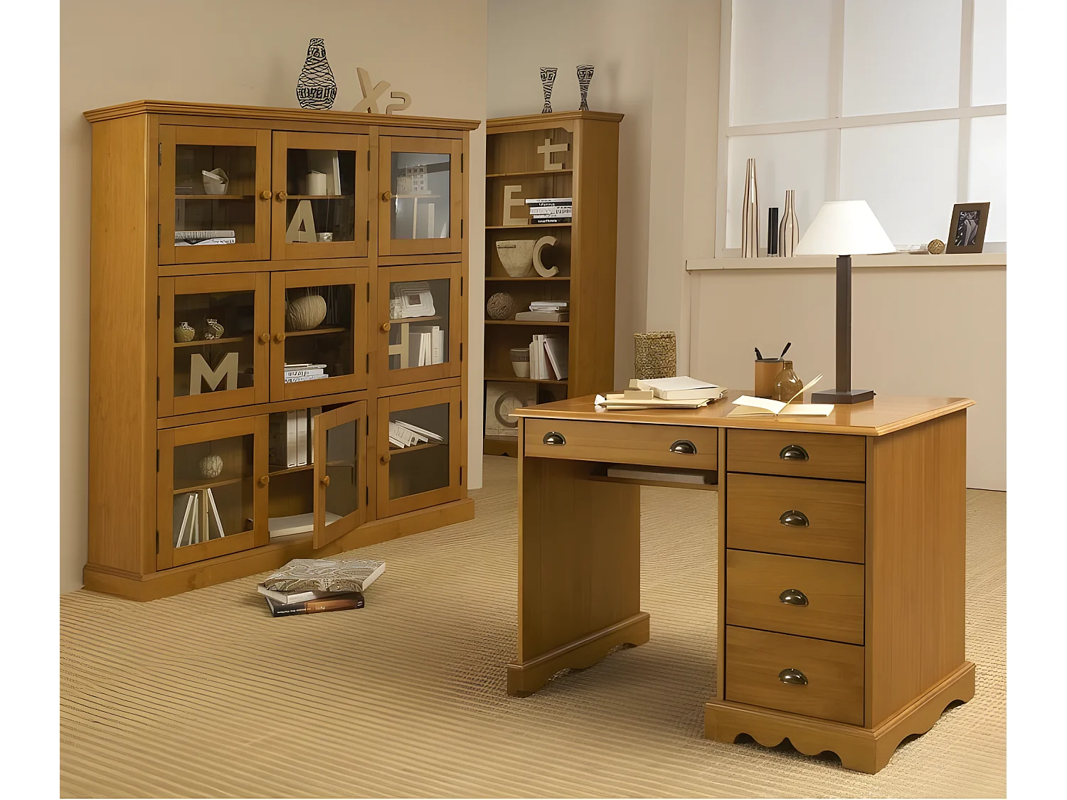 Bibliothèque 9 Portes Vitrées Pin Miel