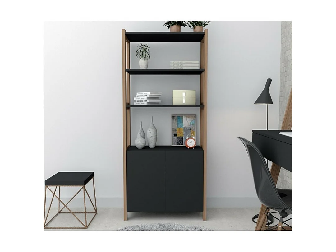 Armoire 2 Portes Châtaignier et Noir 5 Niches L 75 G 171.5 P 35 cm