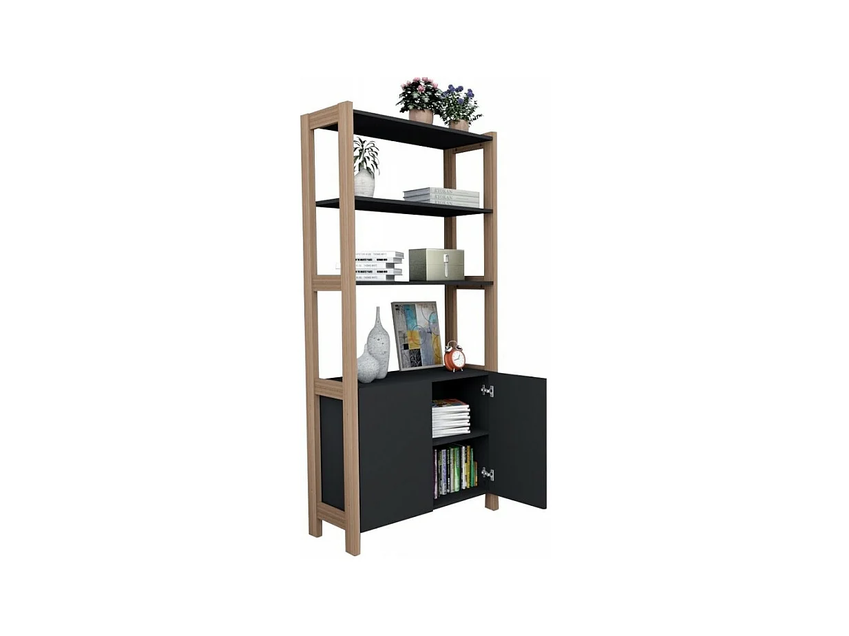 Armoire 2 Portes Châtaignier et Noir 5 Niches L 75 G 171.5 P 35 cm