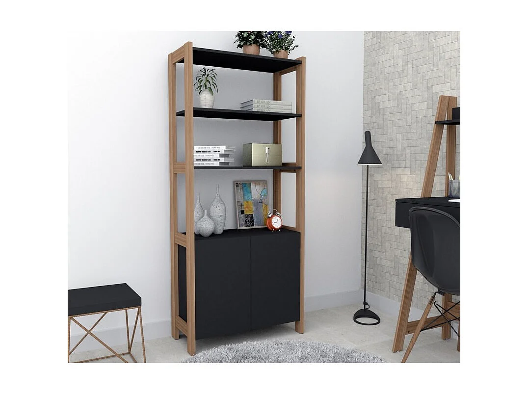 Armoire 2 Portes Châtaignier et Noir 5 Niches L 75 G 171.5 P 35 cm