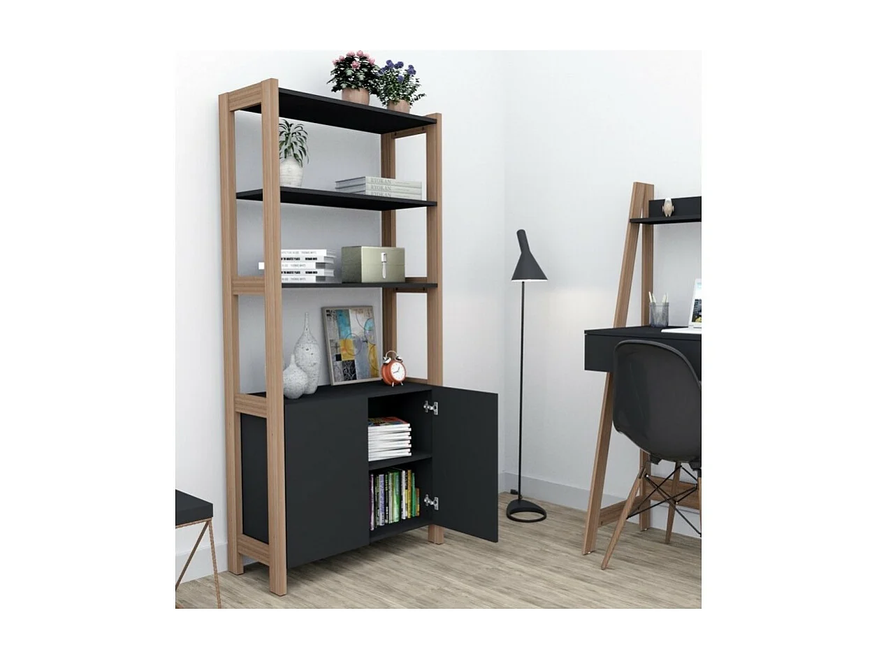 Armoire 2 Portes Châtaignier et Noir 5 Niches L 75 G 171.5 P 35 cm