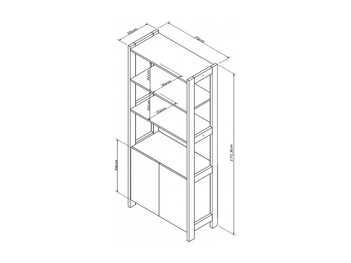 Armoire 2 Portes Châtaignier et Noir 5 Niches L 75 G 171.5 P 35 cm