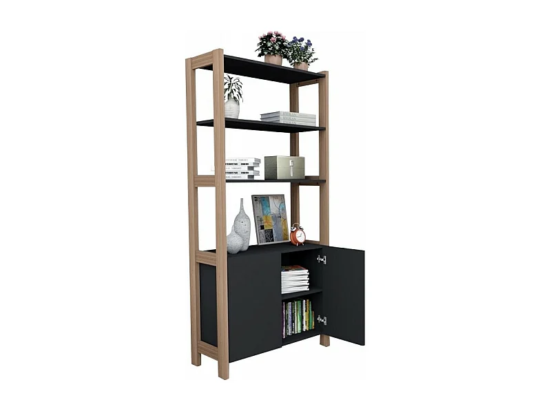 Armoire 2 Portes Châtaignier et Noir 5 Niches L 75 G 171.5 P 35 cm