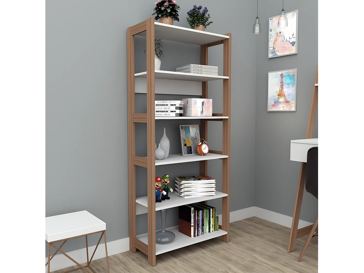 Rayonnage 5 Etagères Blanc Châtaignier 5 Niches L 75 H 171.5 P 35 cm