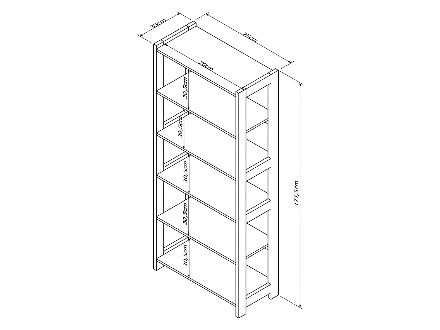 Rayonnage 5 Etagères Blanc Châtaignier 5 Niches L 75 H 171.5 P 35 cm