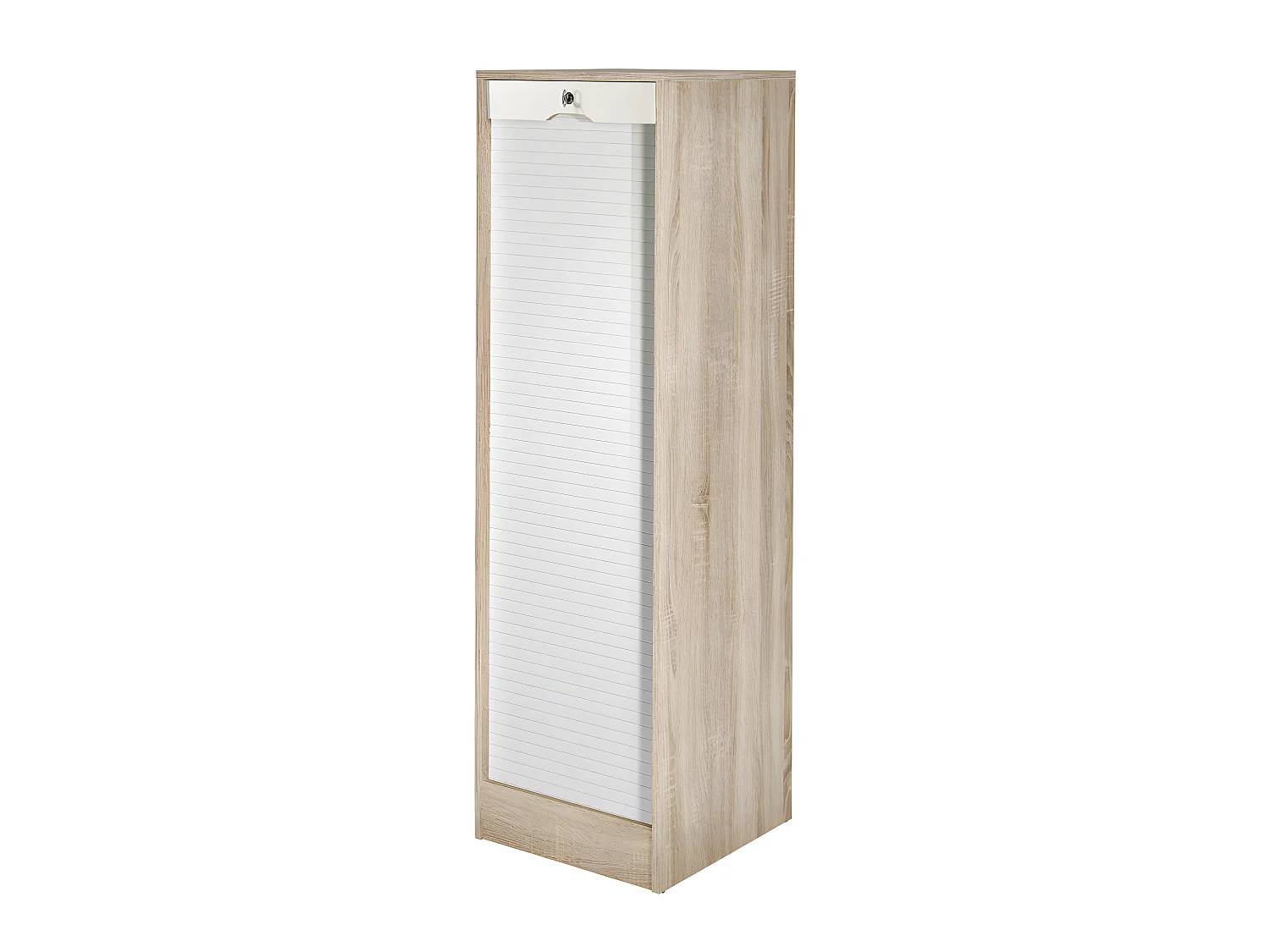 Classeur à Rideau 8 Tablettes 1 Kit Dossiers Serrure L 41,4 H 140,4 P 44 cm - Coloris: Chêne + Rideau Blanc