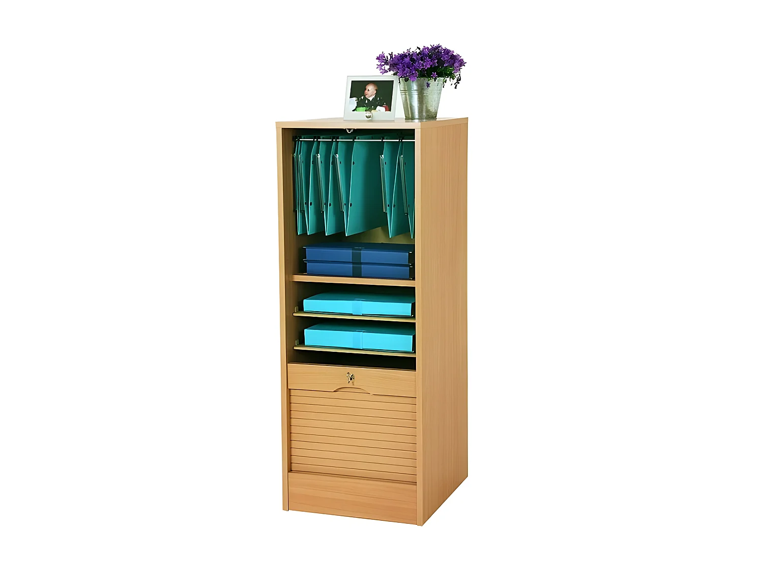 Classeur à Rideau Blanc ou Hêtre 6 Etagères L 41.4 H 108.4 P 44 cm - Coloris: Hêtre