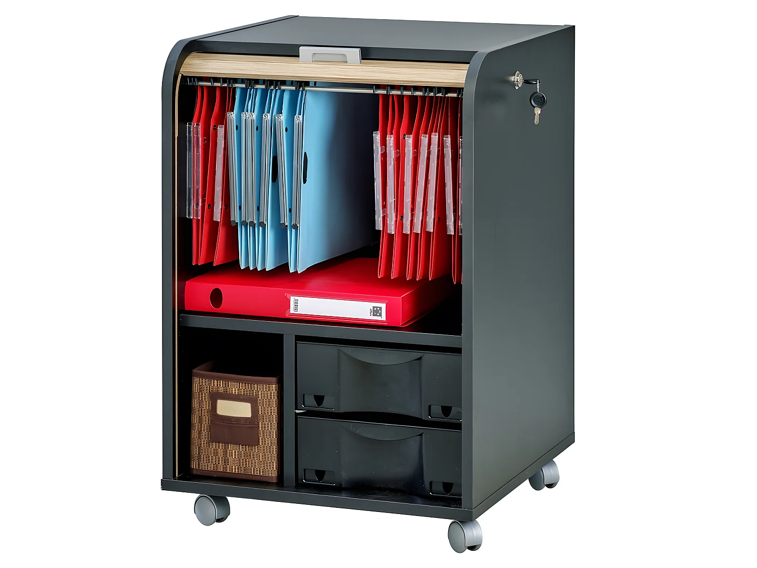 Caisson de Bureau Noir Bicolore à rideau - Coloris: Chêne Naturel