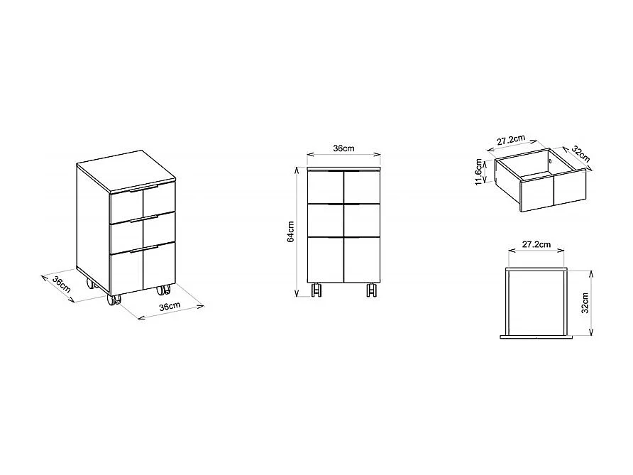 Caisson Roulant Multifonctions 3 Tiroirs Blanc Mat L 36 H 64 P 36 cm