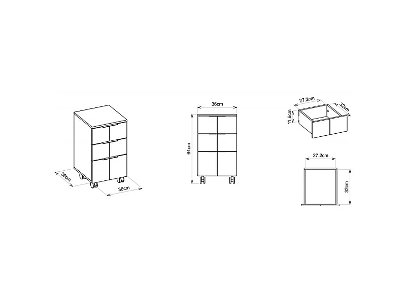 Caisson Roulant Multifonctions 3 Tiroirs Blanc Mat L 36 H 64 P 36 cm