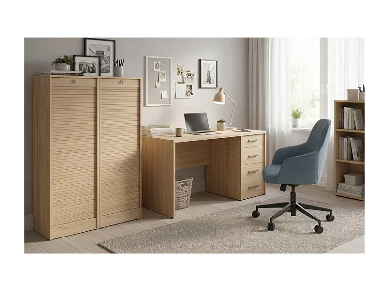 Classeur à Rideau 8 Tablettes 1 Kit Dossiers Serrure L 41,4 H 140,4 P 44 cm - Coloris: Chêne Naturel