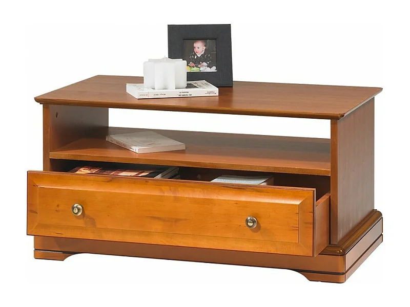Table Basse Merisier 1 Tiroir 2 Faces Traversant 1 Niche L 82.4 H 41.6 P 46.5 cm