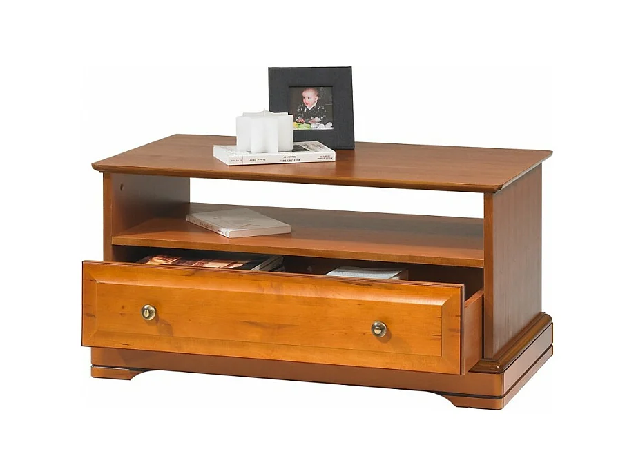 Table Basse Merisier 1 Tiroir 2 Faces Traversant 1 Niche L 82.4 H 41.6 P 46.5 cm