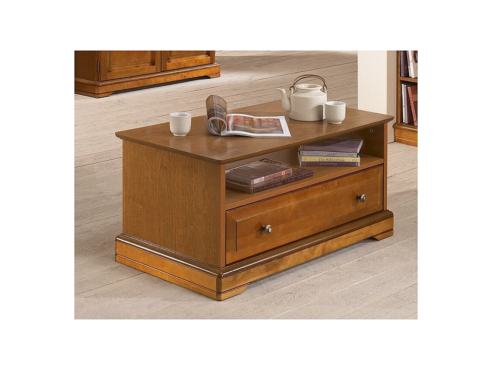Table Basse Merisier 1 Tiroir 2 Faces Traversant 1 Niche L 82.4 H 41.6 P 46.5 cm