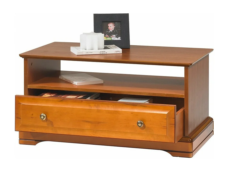 Table Basse Merisier 1 Tiroir 2 Faces Traversant 1 Niche L 82.4 H 41.6 P 46.5 cm