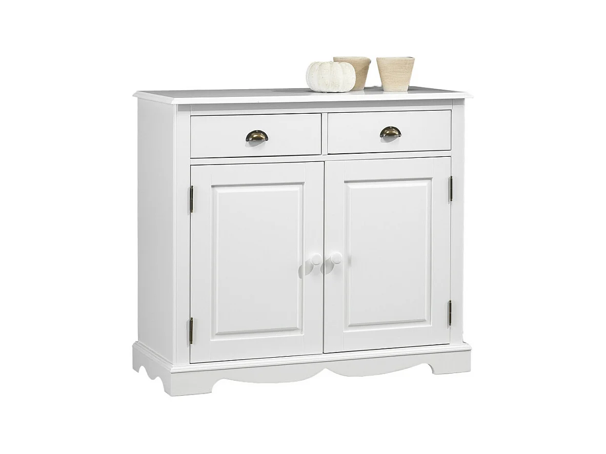 Buffet Blanc 2 Portes 2 Tiroirs Charme 2 Niches L 101 H 90 P 42 cm