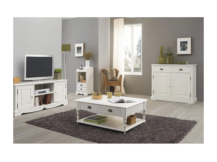 Buffet Blanc 2 Portes 2 Tiroirs Charme 2 Niches L 101 H 90 P 42 cm