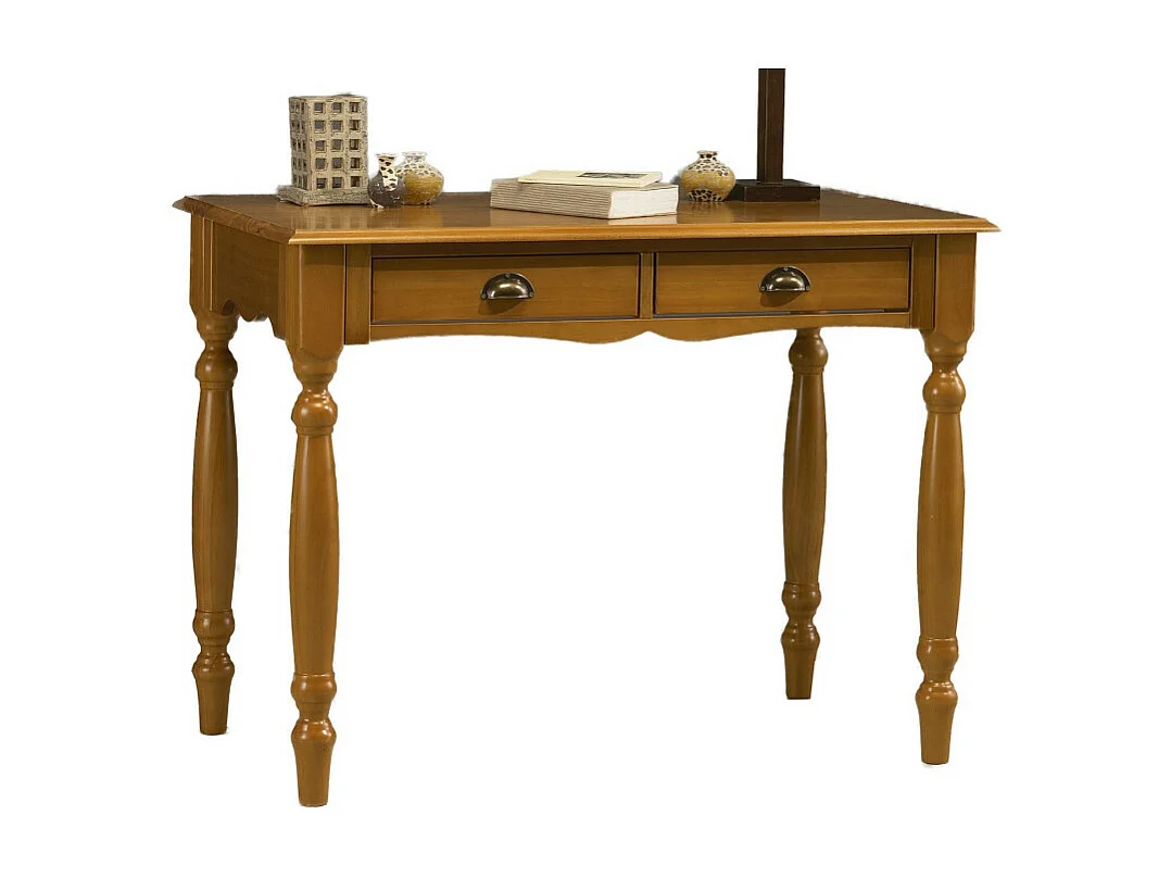 Table A Ecrire Pin Massif Miel 2 Tiroirs Pieds Tournés L 100 H 74.3 P 56.4 cm