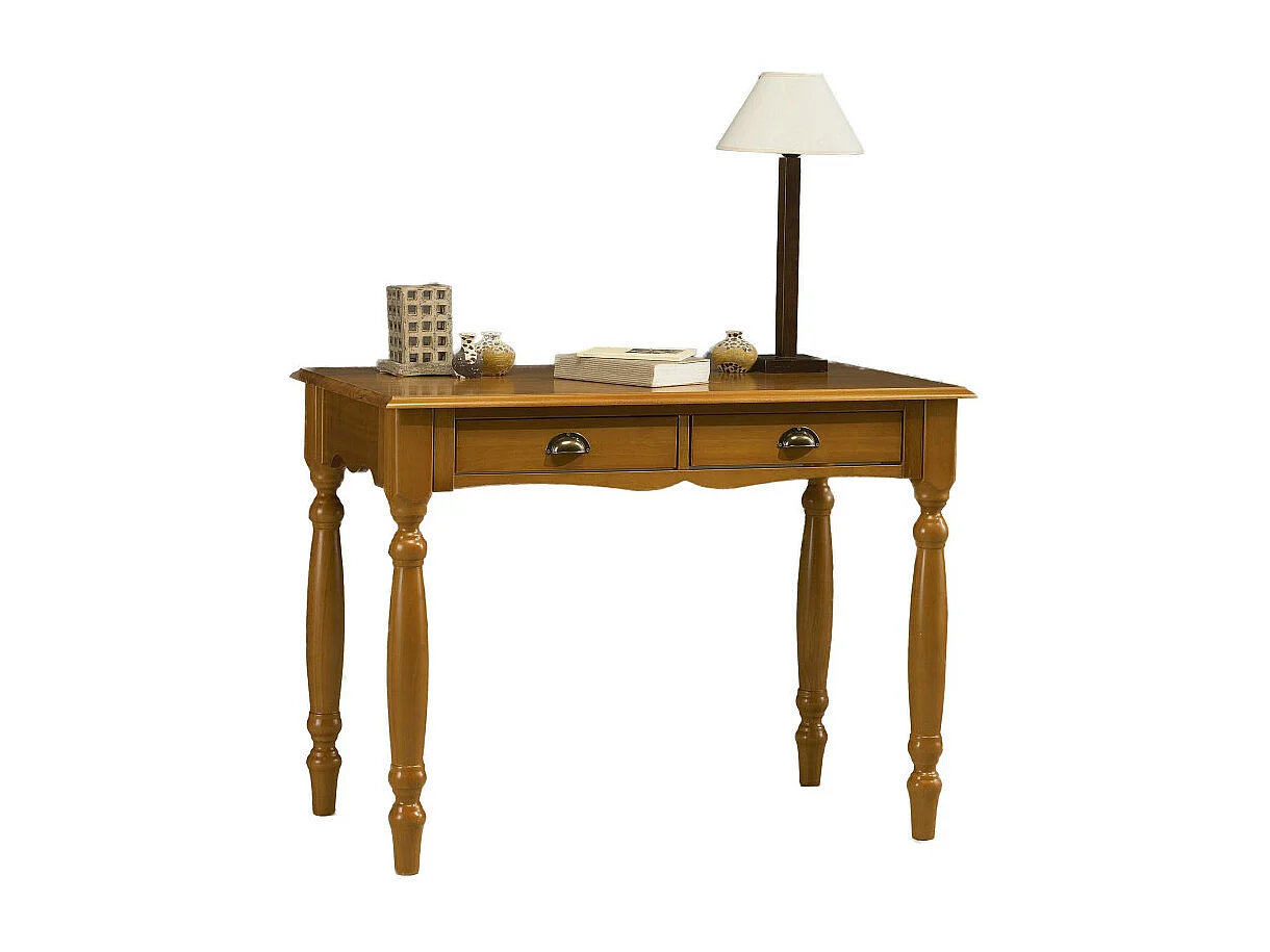 Table A Ecrire Pin Massif Miel 2 Tiroirs Pieds Tournés L 100 H 74.3 P 56.4 cm