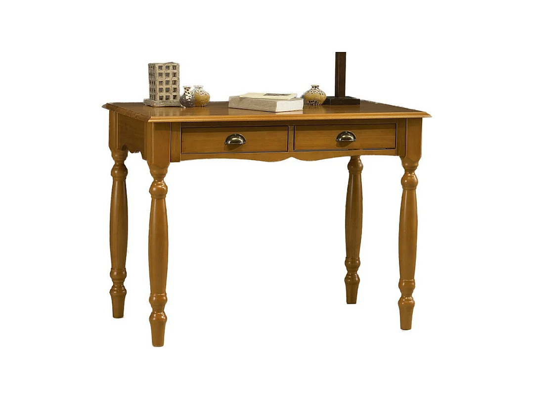 Table A Ecrire Pin Massif Miel 2 Tiroirs Pieds Tournés L 100 H 74.3 P 56.4 cm