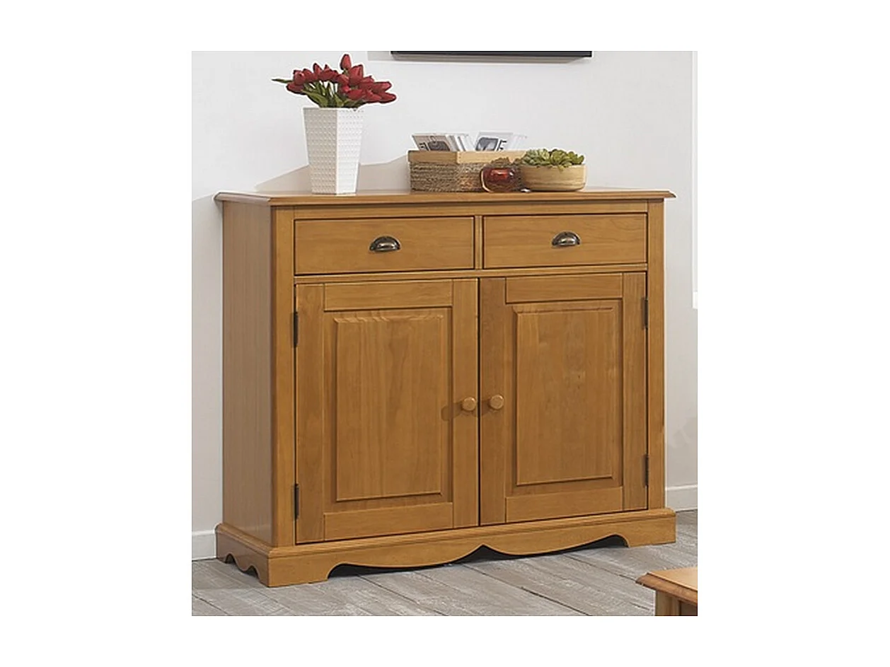 Buffet Pin Miel 2 Portes 2 Tiroirs 2 Niches Style Anglais L 101 H 90 P 42 cm