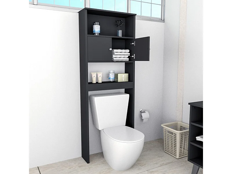 Armoire WC 2 Portes Noire 3 Niches L 65 H 175 P 22 cm